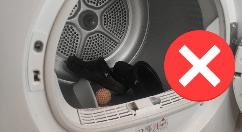 Crocs in tumble dryer and a cross sign signaling "no" next to them