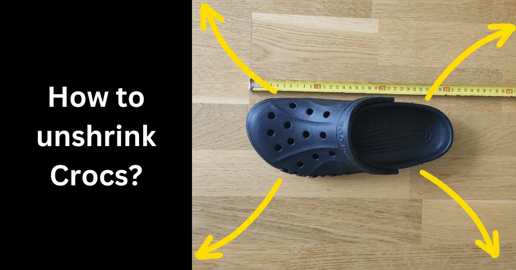 crocs measured by a measuring tape and arrows pointing outwards