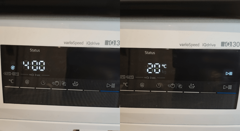 Washing machine display settings that are set to 400 rpm and 20°C