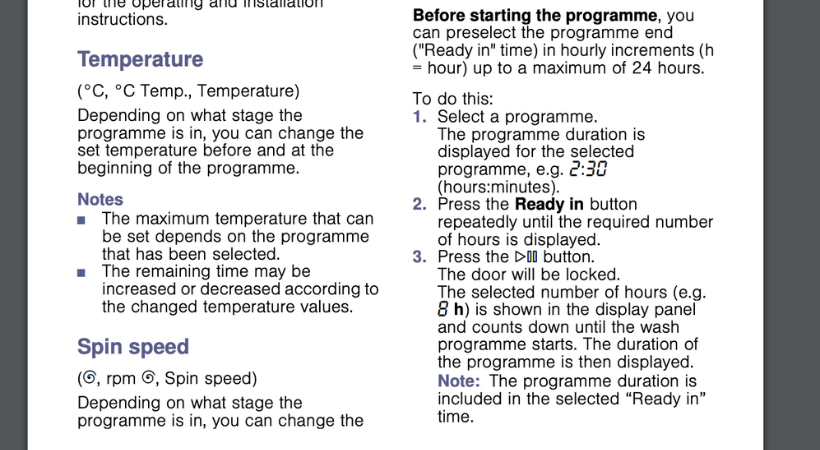 screenshot of washing machine user manual describing temperature and spin speed.