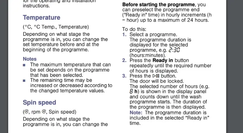 screenshot of washing machine user manual describing temperature and spin speed.