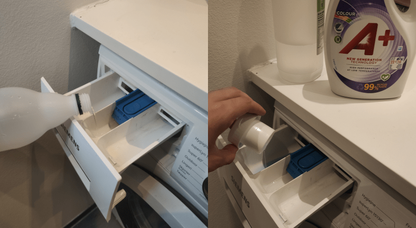 White vinegar and laundry gel being poured in a washing machine compartment