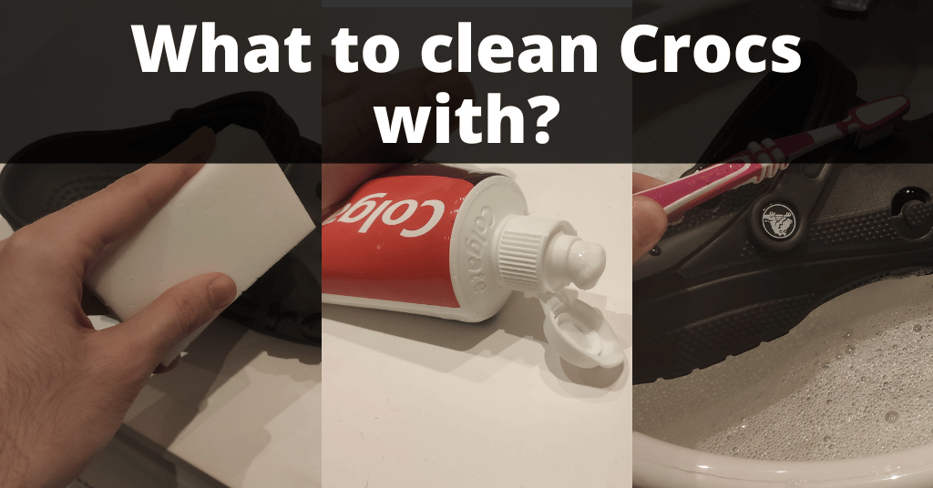 split screen of magic eraser, tooth paste and toothbrush to represent different methods to clean crocs