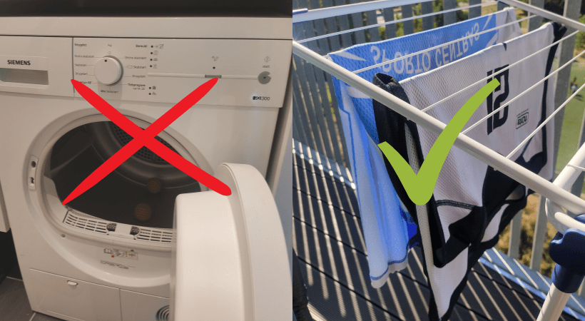 Split image of tumble dryer crossed out by red cross and drying rack ticked by a green tick mark