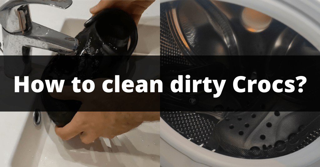 Split screen of Crocs being handwashed and Crocs placed in a washing machine