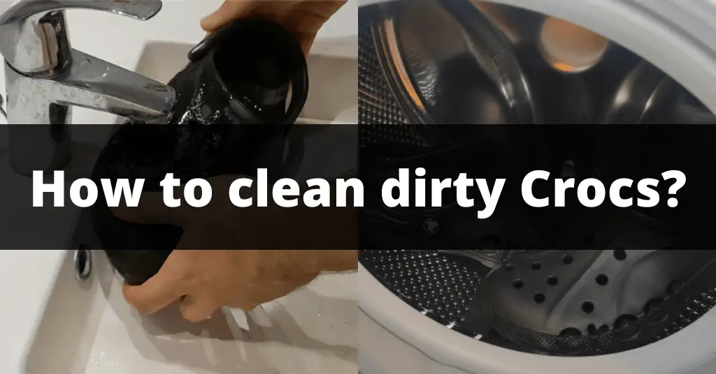 Split screen of Crocs being handwashed and Crocs placed in a washing machine