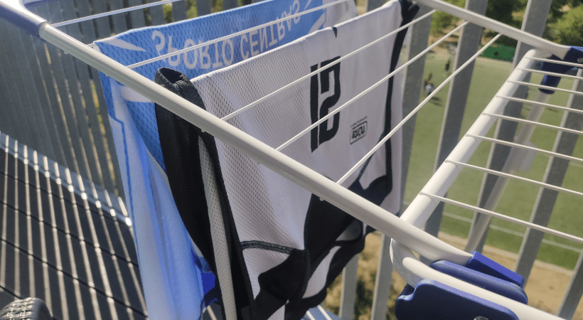 White basketball jersey on a drying rack