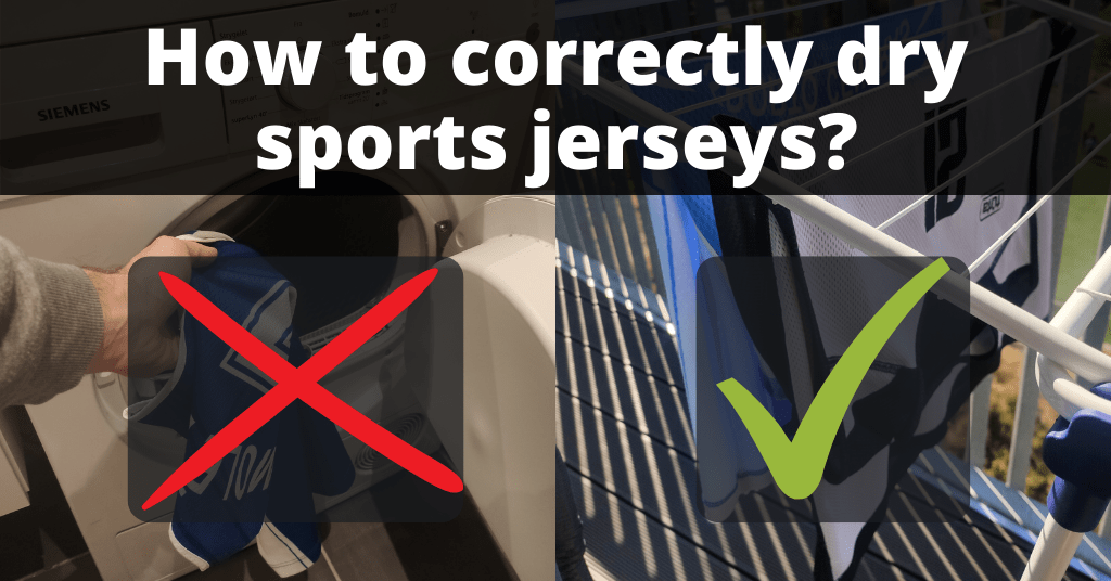 A hand putting sports jersey in a dryer with a no sign as an overlay on the left and a drying rack with drying jerseys and a yes sign as an overlay on the right.