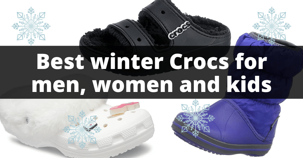 winter crocs pairs next to each other among the snowflakes