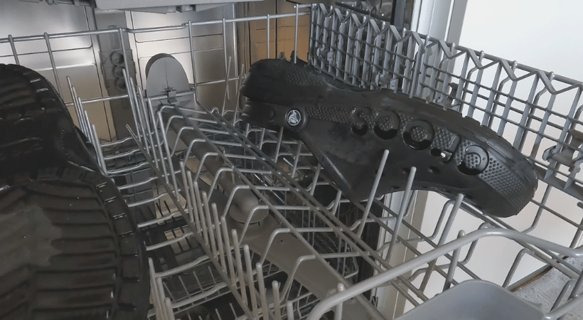 Crocs placed on the top rack of dishwasher