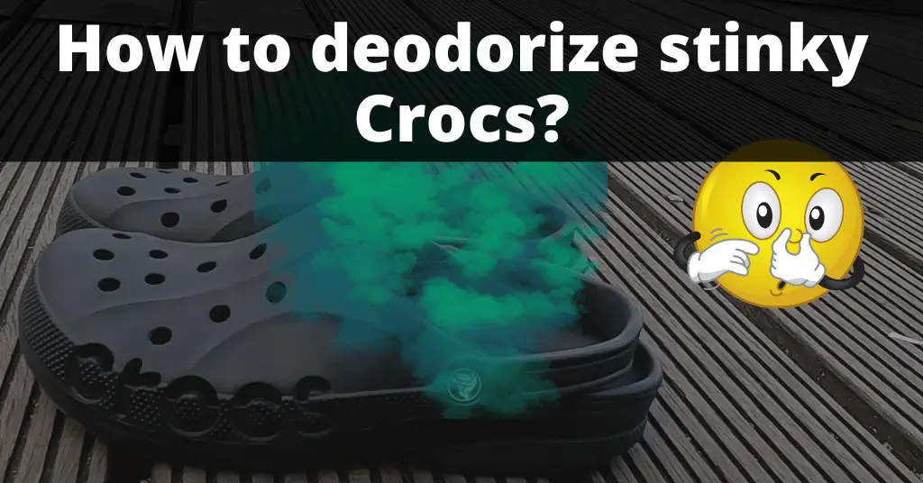 Black crocs with smelly smoke coming out from inside and emoji face next to it pinching its nose