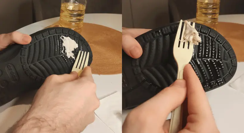 Splitscreen of me removing chewing gum with a plastic fork