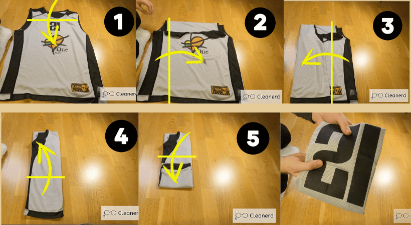All 5 steps on performing the "Cleanerd fold" on a basketball jersey with iron-on decals on its back.