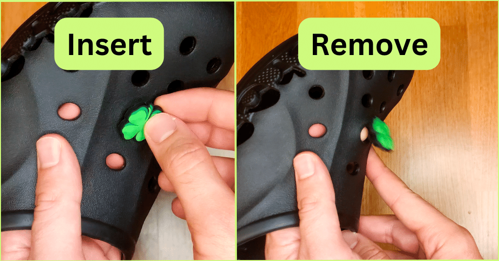 Split screen of crocs jibbitz charm being inserted on the left and same charm being removed on the right.