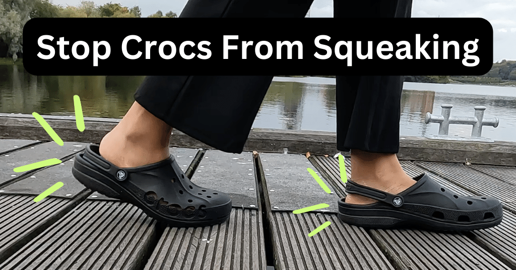 person wearing crocs and walking with noise illustrations coming out of Crocs