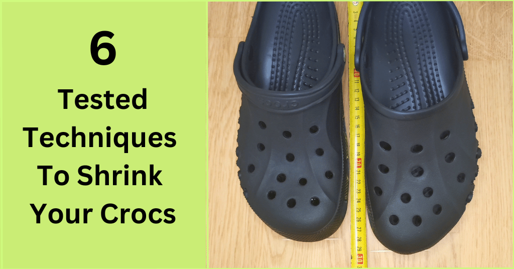 Crocs clogs with the measure tape in between. The left clog is shrunken and visibly smaller than the right one.