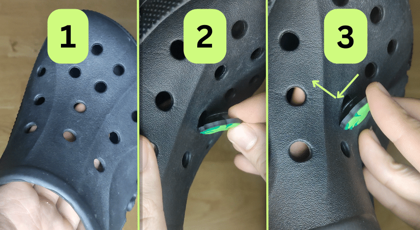 3 in 1 picture showing how to insert crocs jibbitz charms correctly.
