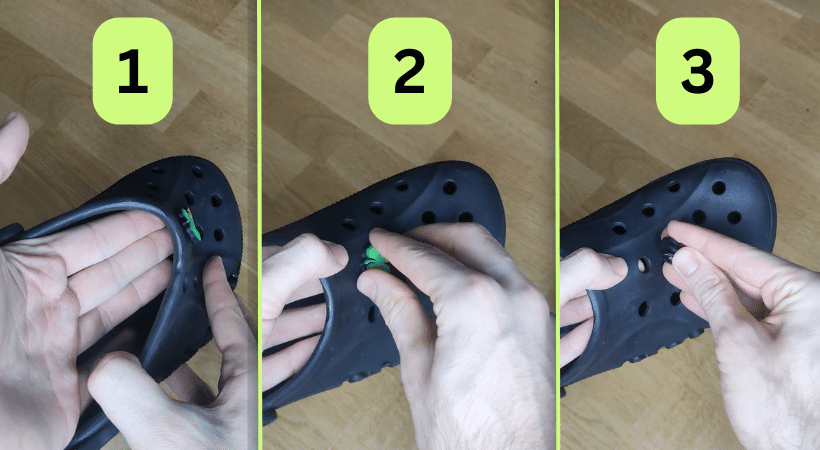 3 in 1 picture showing how to remove crocs jibbitz charms.