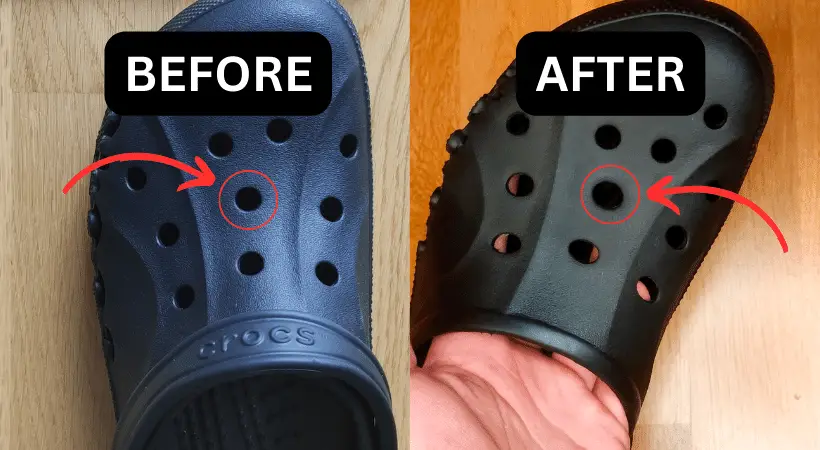 Split screen showing Crocs hole on the left before being stretched and larger hole on the right after it was stretched.